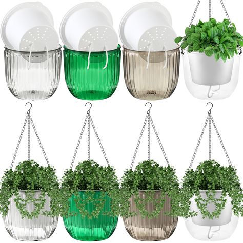 PRICES MAY VARY. 4 Styles Option: this set comes with 8 pieces of self watering hanging baskets, they are in emerald, gray, pure transparent, clear with vertical rib design, 2 pcs per style, both functional and fashionable, you can put them on the table or hang them Self Watering Function: these plastic hanging pots come with a self watering function that keeps your plants hydrated, saving you time and worry, you just need to fill the water reservoir and let it do the work for you; And the drain Hanging Plant Basket, Hanging Plant Pots, Hanging Planters Indoor, Planter Indoor, Hanging Plants Indoor, Water Reservoir, Plant Basket, Hanging Plant, Hanging Pots