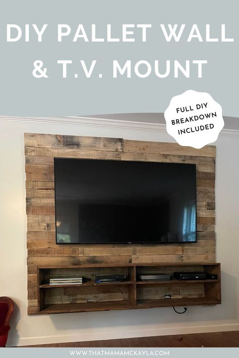 How to build your own easy DIY pallet wall tv mount and entertainment center on a budget! Easy farmhouse and rustic home decor and living room decor ideas for your home. Check out this super simple pallet wall floating entertainment center and tv mount! Diy Tv Stand Ideas, Wall Tv Mount, Wall Tv Stand, Wall Entertainment Center, Farmhouse Entertainment Center, Diy Pallet Wall, Floating Entertainment Center, Diy Entertainment, Home Entertainment Centers