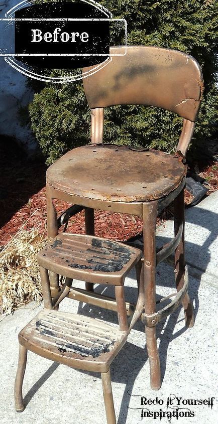 Metal Step Stool, Bar Stool Makeover, Upcycle Chair, Stool Makeover, Chair Redo, Kitchen Step Stool, Junk Yard, Dodge Pickup, Metal Stool