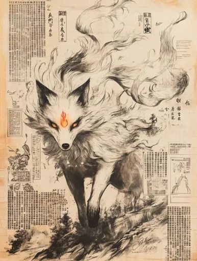 ↑↑↑ Larger size on website 🔸 A detailed ink drawing of a nine-tailed fox with a single flame on its forehead, surrounded by flowi Black Nine Tailed Fox Art, Fox Ink Drawing, Fox Movement, Nine Tailed Fox Drawing, Nine Tail Fox Tattoo Design, Japanese Fox Art, Nine Tailed Fox Art, Textured Paper Background, 9 Tailed Fox