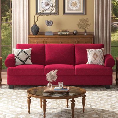 It is a comfort and stylish modern style three-person sofa, it has two colors to choose from, the main frame is very sturdy, the fabric is soft linen, the cushion filler is high-density sponge, this combination not only ensures that the sofa is durable, but also is a unique addition to the living room Charlton Home® Fabric: Red Linen | Charlton Home® 91" Lawson Sofa w / Extra Deep Seats, 3-Seat Sofa Couch for Living Room | 32.7" H X 91" W X 35" D | Wayfair Red Couch Living Room Ideas, Burgundy Couch Living Room, Burgundy Couch, Lawson Sofa, Red Furniture Living Room, Colored Couch, Red Sofa Living Room, Red Couch Living Room, Red Living Room Decor