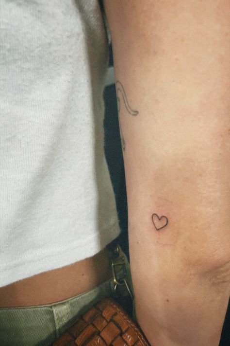 Heart Tattoo Inner Elbow, Upper Arm Heart Tattoo, Elbow Small Tattoo, Small Inner Elbow Tattoo, Near Elbow Tattoo, Tattoos Behind Elbow, Tattoo Inner Elbow, Under Elbow Tattoo, Inside Elbow Tattoos For Women