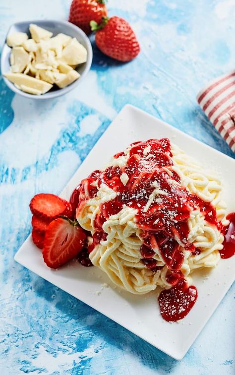 Spaghetti Ice Cream with Sweet Strawberry Sauce Stock Photo - Image of spagetti, restaurant: 112505728 Strawberry Spaghetti, Ice Recipes, Spaghetti Ice Cream, Fruit Topping, Icee Recipe, Ice Cream Packaging, Ice Cream Dessert, Ice Cream Design, Fair Food