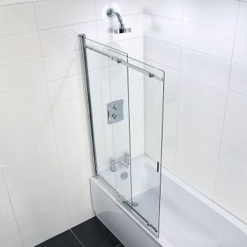 Coram Frameless Sliding Shower Screen - Image 6 Sliding Shower Screen, Shower Screen Sliding Door, Shower Pan With Sliding Door, L Shaped Bath Shower Screen Brass Trim, Sliding Shower Screens, Sliding Door Shower With 36” Walk Through, Bath Shower Screens, Bath Screens, Bathroom Shop