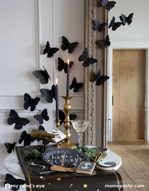 Mystify guest to your haunted house with these black glitter butterflies. These die cut and dimensional butterflies are the perfect way to add some fright to your home this Halloween. Includes 50 black glittered butterflies Size: 10 - 12", 10 -9", 10 - 6", 10 - 4" and 10 - 2.5" Double sided Adhesive not included Glitter Butterflies, Halloween Decor Diy, Paper Table Runner, Themed Dinner, Paper Dinner Napkins, Mystical Moon, Paper Cocktail Napkins, Halloween Table Decorations, Halloween Festivities