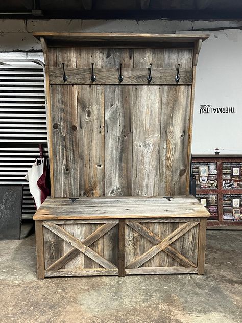 Reclaimed Weathered Barnwood Furniture Rustic Halltree w/ Bench Seat, Cubbyholes, & Coat Hanger Hooks  Overall Measurements; 72"H x 48"W x 20"D *Please contact us before purchasing if you have other Custom Order Inquiries not listed here* (Due to fluctuating pricing & logistics with shipping Size & Weight of Furniture when crated, we can not provide accurate shipping prices at the time of purchase through Etsy)  *Please make sure ALL OF YOUR CONTACT INFORMATION IS CURRENT and up to date: such as Repurposed Hardwood Flooring Projects, Barnwood Decorating Ideas, Cute Wood Projects, Barnboard Projects, Rustic Coat Rack Entryway, Barnwood Coat Rack, Barnwood Bench, Rustic Farmhouse Decor Ideas, Rustic Corner Shelf