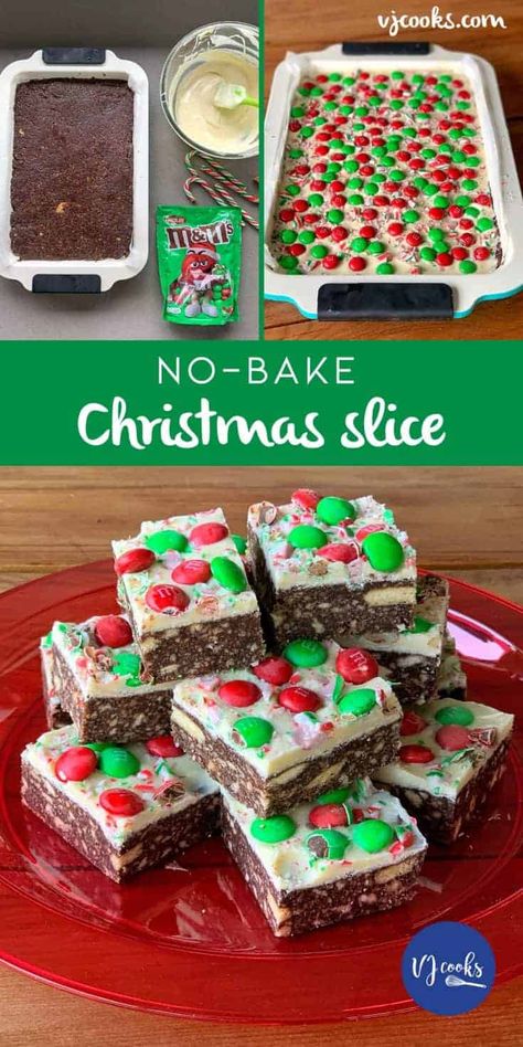 This easy no-bake Christmas Slice has a delicious biscuit base and is topped with peppermint white chocolate, candy canes and M&Ms.I love to make slices and this no-bake Christmas slice is a winner! My husband Mike and I can't stop stealing pieces of it out of the fridge. It is the perfect sweet treat to serve this festive season.  #vjcooks #christmasslice Christmas Slice, Banoffee Tart, Peppermint White Chocolate, Vj Cooks, No Bake Christmas, No Bake Slices, Bake Christmas, Christmas Ice Cream, Christmas Bakery