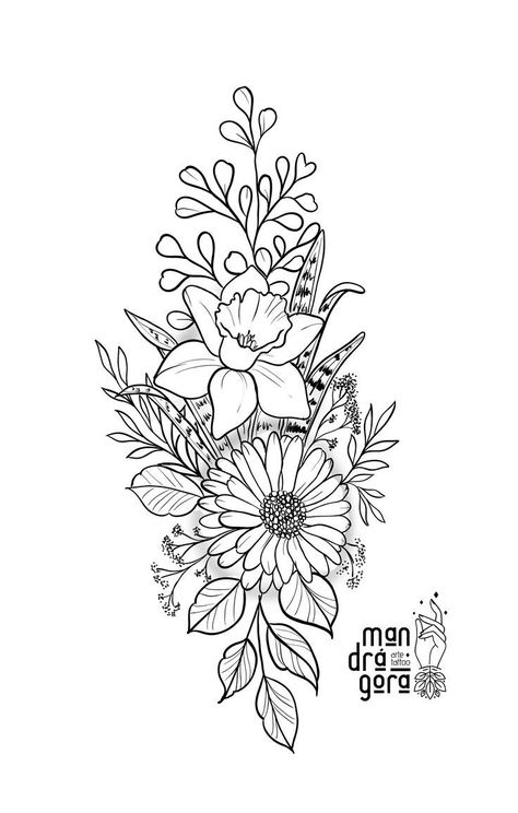 Floral Tattoo Stencil Outline, Daffodil Tattoo Stencil, Flower Tattoo Stencils Outline Design, Floral Tattoo Stencil, Daffodil Tattoo, Saved Tattoo, Sigil Tattoo, Poppies Tattoo, Flower Line Drawings