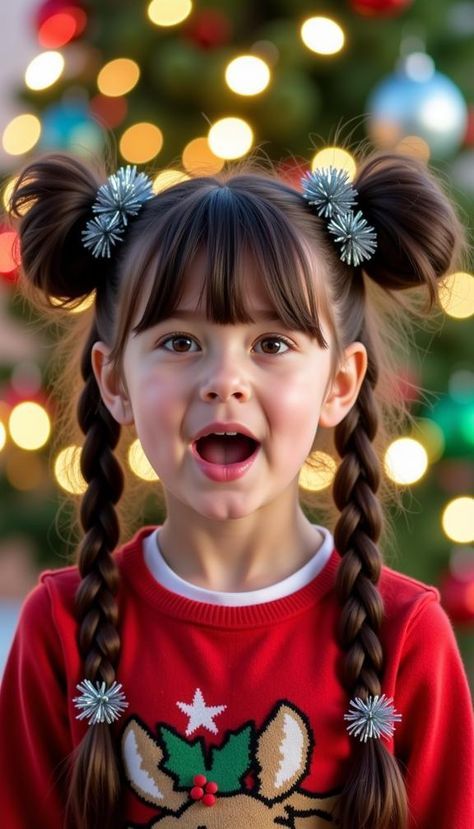 Christmas Hair Styles Easy Kids, Christmas Elf Hairstyles Kids, Tree Topper Hair Ideas For Kids, Easy Whoville Hair For Kids, Grinch Day Hair Ideas For Kids, Fun Christmas Hairstyles For Kids, Crazy Holiday Hair Christmas, Grinch Day Hair Ideas, Girls Christmas Hair Ideas