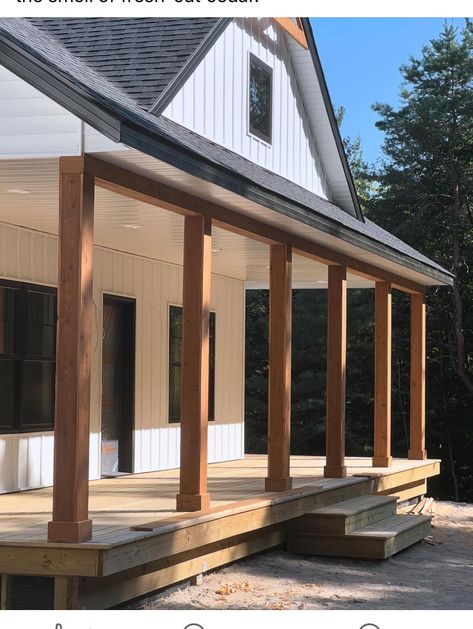 Wooden Front Porch Columns, Boxing In Porch Posts, Wooden Deck Front Porch, Porch Beams Makeover, House Pillars Columns Exterior, Stained Wood Columns Front Porch, Front Entrance Porch Ideas, Exposed Beam Porch, White House Front Porch