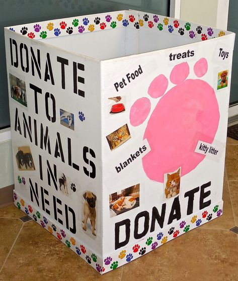 CREATIVE VOLUNTEER, MADDY, DID A FANTASTIC JOB DECORATING A PET SUPPLY DONATION BOX... | Cinnaminson, NJ Patch Donation Box Ideas Diy, Donation Box Ideas, Animal Shelter Donations, Animal Shelter Fundraiser, Dog Fundraiser, Toy Donation, Eagle Project, Donation Box, Food Donation