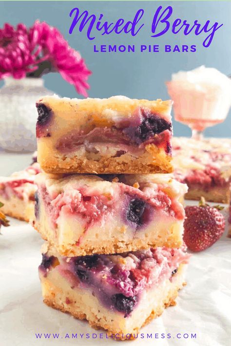 Mixed Berry Lemon Pie Bars – Amy's Delicious Mess Mixed Berry Recipes, Mixed Berry Dessert, Lemon Pie Bars, China Aster, Low Calorie Baking, Berry Cookies, Aster Flowers, Berry Dessert Recipes, Berry Dessert