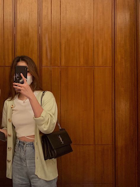 ootd saeater cardigan croptop jeans saintlaurent Crop Top Jeans, Ootd Sweater, Top Jeans, Cardigan Crop Top, Cardigan Crop, Jean Top, Mint Green, Sweater Cardigan, Saint Laurent