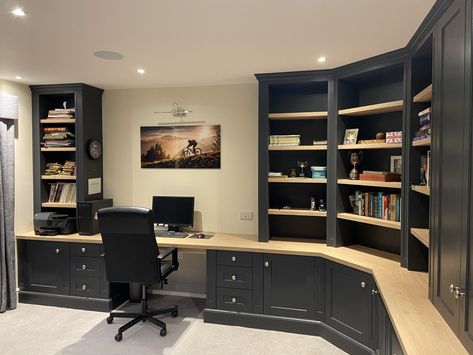 Nothing beats a full custom made office and study space 😍 Transform your home by getting in touch with James Mayor Furniture #officedesign #homeinspiration #homeinspo #dreamhome Home Office Wall Desk Built Ins, Small Office Ideas With Built Ins, Built In Office Desk And Cabinets L Shape, Duel Desk Home Office, Fitted Home Office, Built In Gaming Desk, Office Box Room, L Shaped Built In, Home Office L Shaped Desk