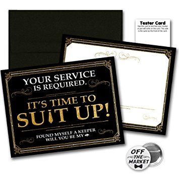 Suit up Black Gold Groomsmen Best Man Cards 6 Pack | Wedding Proposal Funny | 1 x 1 inch Off The Market Pin Wedding Party Proposal, Groomsman Card, Man Cards, Ways To Propose, Be My Groomsman, Groomsmen Wedding, Black Envelopes, Groomsmen Proposal, God Parents