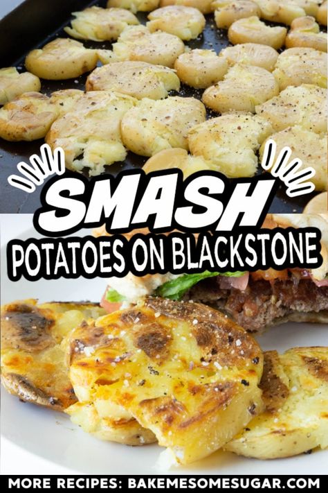 Blackstone Grill Smashed Potatoes, Baked Potato On Blackstone Griddle, Appetizer On Blackstone, Smashed Potatoes On Blackstone Griddle, Blackstone Recipes Sides, Easy Griddle Meals Dinners, Blackstone Grill Recipes Potatoes, Potatos On Blackstone, Blackstone Griddle Potato Recipes