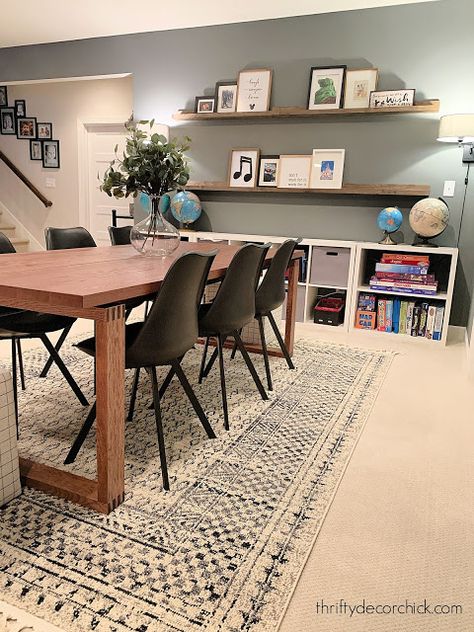 Board Game Room, Game Room Tables, Basement Games, Blue And White Rug, Ikea Table, Game Room Basement, Thrifty Decor Chick, Thrifty Diy, Game Room Family