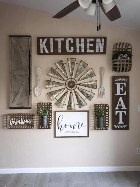 Farmhouse Kitchen Wall Collage, Long Wall Decorating Ideas Kitchen, Kitchen Wall Collage Ideas Farmhouse, Random Kitchen Wall Ideas, Large Dining Room Wall Decor Ideas Farmhouse, Kitchen Wall Collage Ideas, Rustic Dining Room Wall Decor Ideas, Western Kitchen Wall Decor, Rustic Farmhouse Living Room Decor Farm Houses Country Style