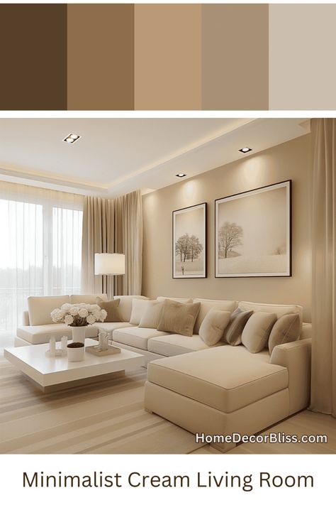 Minimalist Living Room: Cream Color Palette Cream Colour Living Room Ideas, Cream Colored Living Room Ideas, Living Room Designs Color Palette, Interior Color Schemes Living Room, Cream Color Room, Beige Sofa Living Room Ideas, Cream Walls Living Room, Ethereal Living Room, Cream Sofa Living Room Color Schemes