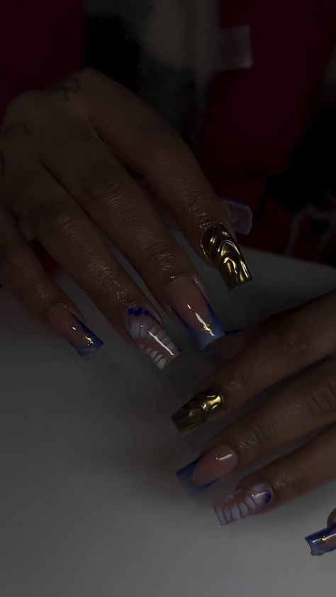 more in telegram Blue Black Gold Nails, Dark Blue With Gold Nails, Red Blue Gold Nails, Royal Blue Gold Nails, Gold Square Nails, Royal Blue And Gold Nails, Blue Gold Nails, Black Gold Nails, Gold Acrylic Nails