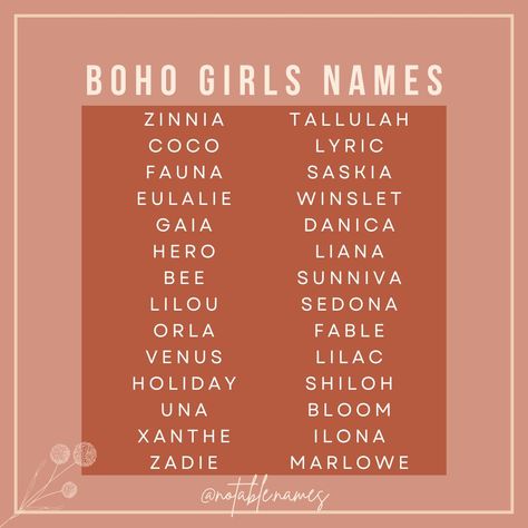 Okay please give it up for these fabulous and stylish Boho Girls names. The vibe is free spirited babes, bare footed and wind in their hair! It's giving carefree, but stunning! I love these names, and there's such variety too, whether you prefer something short and sweet, more nicknamey or want to embrace a longer flowing name, there's a little boho for every name taste. What's your fave Boho girls name? #bohobabynames #girlsnames #babynames #names #babygirlnames #nameslist #babynameinspo ... Dr Names, Boho Names, Bohemian Baby Names, Nature Inspired Names, Sims Names, Hey Cutie, Sims Inspiration, Names Baby, Girls Names