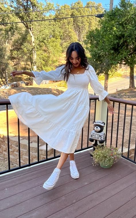 Dresses To Wear With Converse, High Top Converse Outfits Summer Dresses, White Dress With White Converse, Converse High Top With Dress, Midi Dress And Converse, Converse With Long Dress, White Dress And Converse, Beach Dress Modest, White Converse Dress Outfit