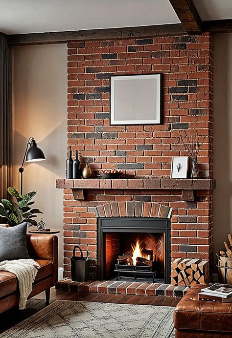 15 Best Brick Fireplace Ideas to Transform Your Living Space » HomeDecorFull Brick Fireplace Blue Walls, Stick On Brick Fireplace, Farmhouse Brick Fireplace Ideas, Brick Open Fireplace, Dark Gray Brick Fireplace Paint Colors, Family Room Brick Fireplace, Living Room Ideas With Brick Fireplace, Brown Brick Fireplace Decor, Diy Brick Electric Fireplace