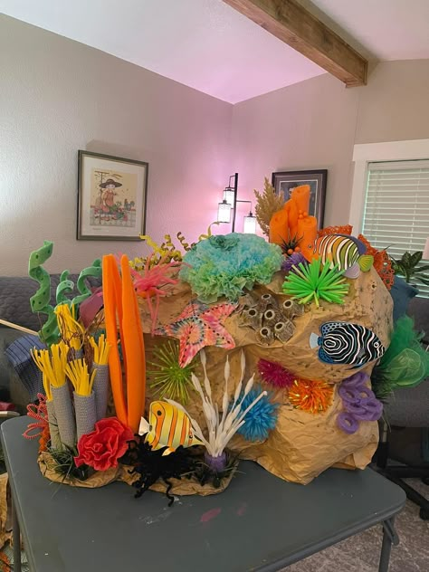 Coral Reef Ecosystem Project, Crepe Paper Coral Reef, Vbs 2024 Scuba, Coffee Filter Coral Reef Diy, Diy Coral Reef Decorations, Submerged Vbs Decorations, Breaker Rock Beach Vbs 2024 Crafts, Ocean Vbs Decorations, Breaker Rock Beach Vbs 2024 Decorations