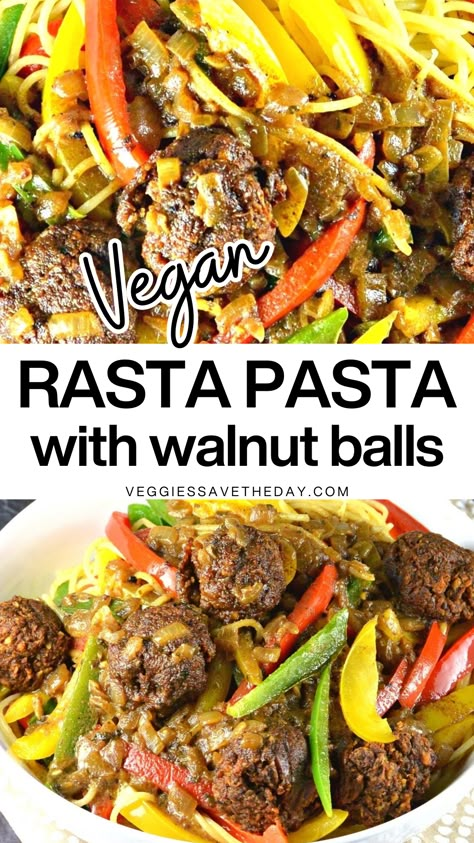 Embrace the vibrant flavors of the Caribbean when you make Rasta Pasta and Walnut Meatballs! This mouthwatering vegan pasta recipe brings together colorful bell peppers in a creamy coconut curry sauce with zesty jerk seasoning. A truly unforgettable plant-based feast that will transport you to an island paradise! Walnut Recipes Dinner, Walnut Meatballs, Rasta Pasta, Vegan Soul Food, Jamaican Jerk Seasoning, Coconut Curry Sauce, Vegan Recipes Videos, Vegan Pasta Recipes, Jamaican Jerk