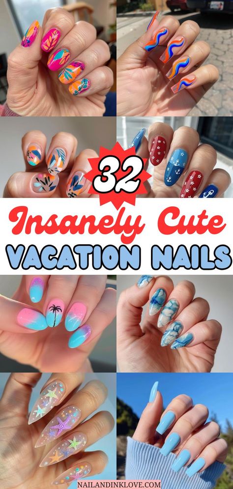 vacation nail designs for 2024 Bright Vacay Nails, Cancun Inspired Nails, Fun Bright Vacation Nails, Bright Cruise Nails, Beach Vacation Nails 2025, California Vacation Nails, Mexican Cruise Nails, Nails For Bahamas Vacation, Mexico Acrylic Nails