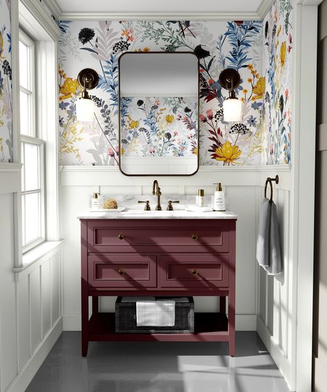 Wallpaper Peel and Stick Wallpaper Colorful Wildflower Floral - Etsy Dramatic Bathroom Ideas, Plum Bathroom Ideas, Small Half Bathroom Decor, Candace Olsen, Statement Powder Room, Odd Decor, Dramatic Powder Room, Moody Victorian, Bath Diy