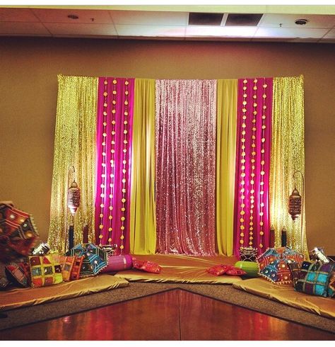 Sangeet Inspiration! For Indian Wedding Decorations in the Bay Area, California; Contact R&R Event Rentals, Located in Union City & serving the Bay Area and Beyond. Sangeet Inspiration, Mendhi Decor, Mehendi Decor Ideas, Wedding Hall Decorations, Housewarming Decorations, Marriage Decoration, Desi Wedding Decor, Beautiful Wedding Decorations, Mehndi Decor