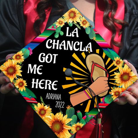 "Looking for a unique graduation cap topper on the big day? Check out our \"Personalized La Chancla Got Me Here Graduation Cap Topper\" design. It's the perfect choice for you. Or it could be a special gift for your loved one who prepares for the graduation ceremony. This graduation cap topper is digitally hand-drawn (NOT PAINTED), whether you're in a time crunch, or you want something easy and affordable for your special day! It's easy to apply to your graduation cap up to minutes before gradua Mexican Cap Designs, Peru Graduation Cap, Grad Cap Hispanic, Graduation Cap Decoration For Guys, Graduation Cap Designs Colombia, Graduation Cap Designs Mexican For Guys, Graduation Cap Designs Mexican Funny, Cap And Gown Decoration Ideas Mexican, Funny Mexican Graduation Caps