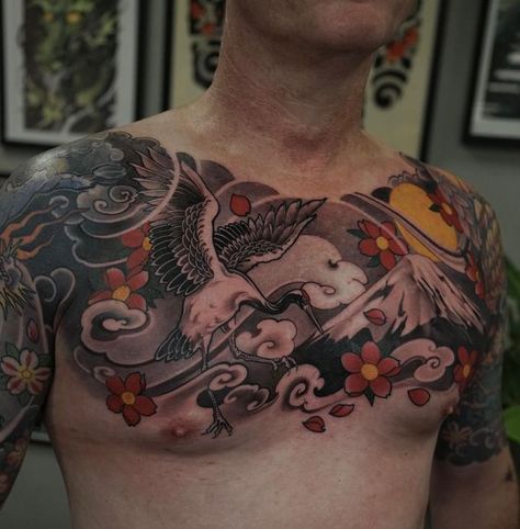 Crane Chest Tattoo, End Tattoo, Traditional Japanese Tattoo, Animal Sleeve Tattoo, Black Tattoo Cover Up, Japanese Dragon Tattoo, Traditional Japanese Tattoos, Tattoo Machines, Tattoo Equipment