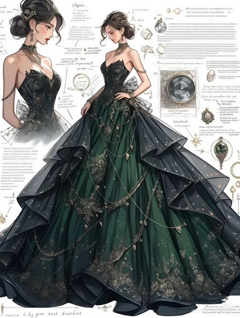 Ballgown Character Design, Fantasy Dress Design Princess, Ball Gown Drawing, Fantasy Ballgown, Vintage Dress Aesthetic, Princess Dress Drawing, Deviantart Outfits, Fantasy Dress Design, Aesthetic Ball Gowns