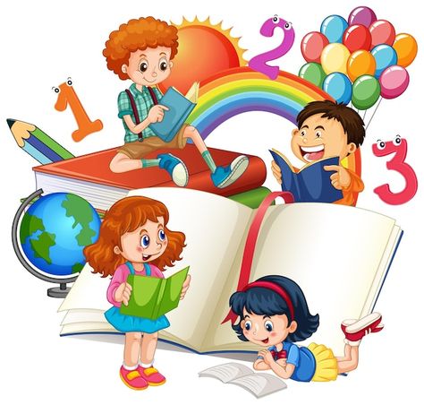 Four children are reading books on a sta... | Premium Vector #Freepik #vector #people-clipart #cartoon-girl #cartoon-svg #girl-clipart Kids Clipart Free, Kindergarten Clipart, Name Activities Preschool, Computer Lessons, A Stack Of Books, Kids Reading Books, Kid Tablet, School Cartoon, Sunday School Crafts For Kids