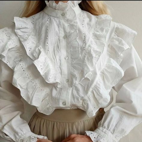 White Puffy Blouse, Puffy Blouse, Frilly Shirt, Formal Blouses, Korean Tops, Frilly Blouse, Sewing Design, Dress Sewing Patterns, Wren