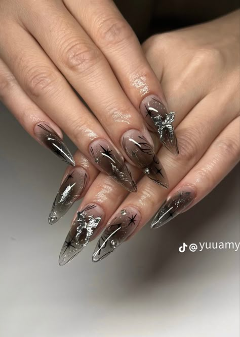 Nails With Stars, Chrome Nails Art, Chrome Nails Ideas, Fall Nails Art, Fall Nails Ideas, Gothic Nails, Nagel Tips, Grunge Nails, Nail Type