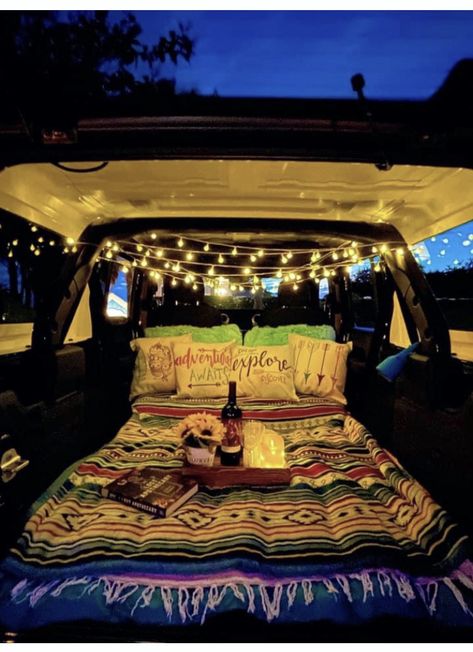 Car Sleepover, Minivan Life, Truck Bed Date, Goals Board, Romantic Camping, Motorhome Interior, Minivan Camping, Truck Bed Camping, Car Things