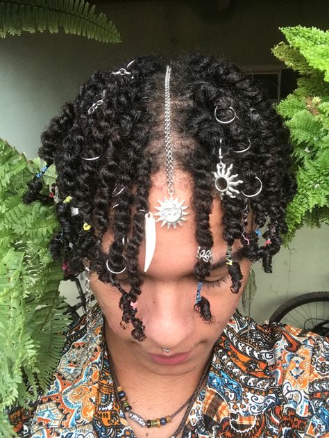 Crystals In Locs Guys, Men Updo Hairstyles, Locs With Crystals Men, Male Hair Accessories, Fluffy Locs, Guys Hairstyles, Rave Hairstyles, Curly Hair Accessories, Hair Charms