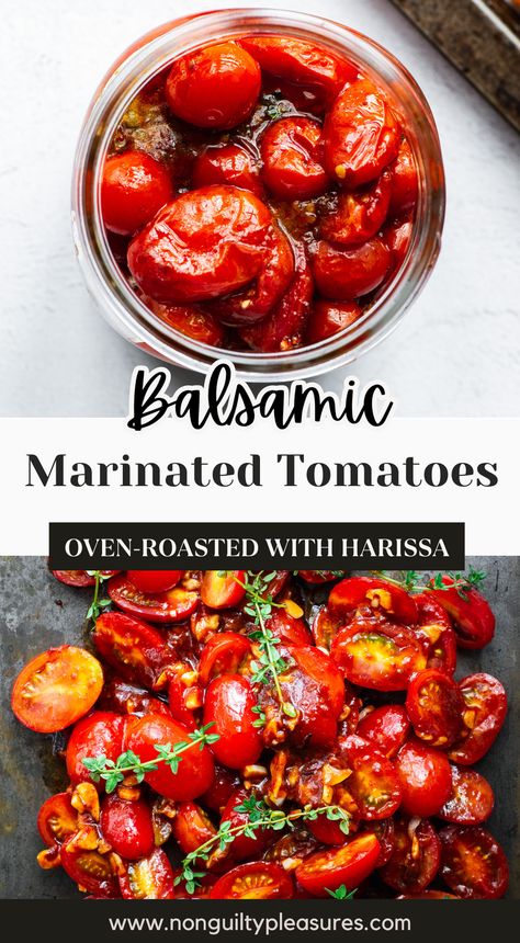 Add a burst of Mediterranean flavour to your summer meals with these balsamic roasted marinated tomatoes! Sweet grape, cherry, and other fresh tomatoes are marinated in balsamic vinegar, garlic, harissa paste, maple syrup and fresh herbs, and then roasted to perfection. These delicious roasted tomatoes are the perfect addition to salads, pasta dishes, or as a side dish for any meal. Easy to make and bursting with flavour, these roasted tomatoes will become your go-to summer side dish. Balsamic Roasted Tomatoes Oven, Balsamic Marinated Tomatoes, Balsamic Cherry Tomatoes, Grape Tomatoes Recipes, Canned Cherry Tomatoes Recipes, Tomatoes With Balsamic Vinegar, Marinated Cherry Tomatoes, Grape Tomato Recipes, Balsamic Tomatoes