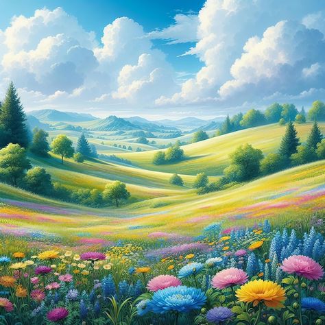 Meadow Of Flowers, Spring Cartoon, Dream Landscape, Meadow Garden, Blooming Garden, Flower Meadow, Spring Landscape, Spring Wallpaper, Meadow Flowers