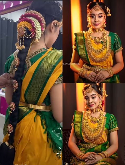 Iyer Wedding Brides, Tamil Brahmin Bride Hairstyle, 9 Yards Saree Madisar Bride, Madisar Saree Blouse Designs, Bramin Wedding Photos, Madisar Blouse Designs, Madisar Saree Iyer Bride, Madisar Saree Iyer, Tamil Brahmin Bride