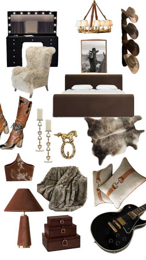 Brown leather bed frame, cowhide area rug, western cowgirl framed poster, gold and brown leather chandelier, cowboy hat hanger, black makeup desk with mirror and lights, white fur chair, brown and grey faux fur throw blanket, gold horse and horseshoe wall hanger, gold horse bit style candle holders, beige and brown orange leather horse bit throw pillows, brown leather gold stirrups decorative storage boxes, cowhide blanket bin, brown and gold lamp, black and gold gisbon les paul electric guitar Western Glam Decor Living Room, Chic Western Bedroom, Brown Leather Bed Frame, Blanket Bin, Western Glam Decor, White Fur Chair, Black Makeup Desk, Cowboy Hat Hanger, Cowhide Blanket