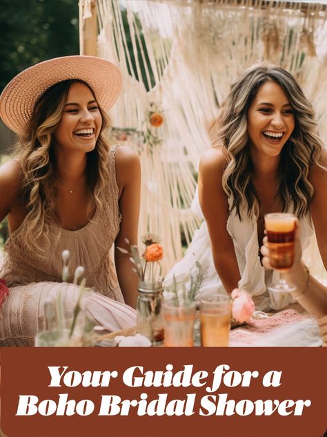 two women attending a bridal shower sit together in garden at a low table with bohemian style decor Boho Bridal Shower Ideas Bohemian, Bohemian Bridal Shower Ideas, Boho Shower Ideas, Boho Bridal Shower Ideas, Bohemian Bridal Shower Decorations, Boho Bridal Shower Dress, Shower Magic, Bridal Shower Boho, Bridal Shower Attire