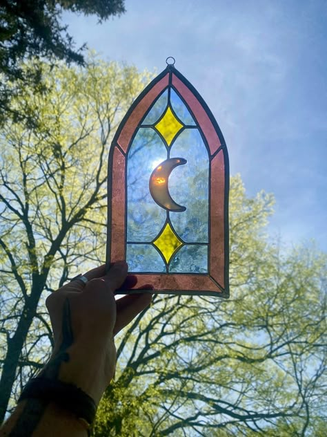 Handmade Stained Glass Art. Stars and Crescent Moon. Moon And Stars Stained Glass Pattern, Stained Glass Moon Patterns, Stained Glass Witchy, Moon Stained Glass Art, Whimsigothic Art, Manchester Flat, Glass Staining, Stained Glass Ideas, Sand Man