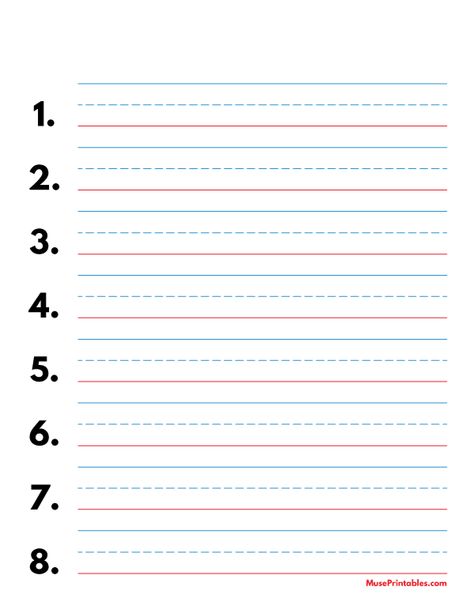 Printable Blue and Red Numbered Handwriting Paper (3/4-inch Portrait) for Letter Paper. Free download at https://museprintables.com/download/paper/blue-and-red-numbered-handwriting-paper-3-4-inch-portrait-letter/ Blue Red Drawing, Letter A Handwriting, Red Drawing Ideas, Handwriting Paper Printable, Teaching Spelling Words, Creative Writing Major, Creative Writing Topics, Portrait Template, Lkg Worksheets