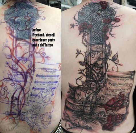 Back Cover up Grave stone heart roses - Here, we can see the plan that went on… Cover Up Tattoos Before And After, Butterfly Tattoo Cover Up, Cover Up Tattoos For Women, Deep Tattoo, Wrist Tattoo Cover Up, Heart Roses, Grave Stone, Flower Tattoo Back, Up Tattoo