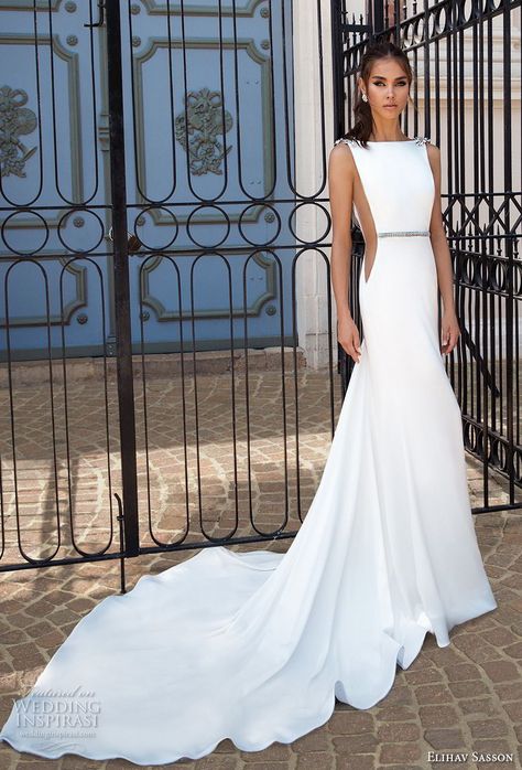 elihav sasson 2018 capsule bridal sleeveless bateau neck simple clean bodice open side drop waist elegant a  line weddng dress low open back chapel train (5) mv -- Elihav Sasson 2018 Royalty Girl Capsule Collection Wedding Dress With Rhinestones, Elihav Sasson, Dress With Rhinestones, Wedding Concept, Wedding Dress Guide, Wedding Dresses 2018, Dress Guide, Wedding Dresses Satin, Chapel Train