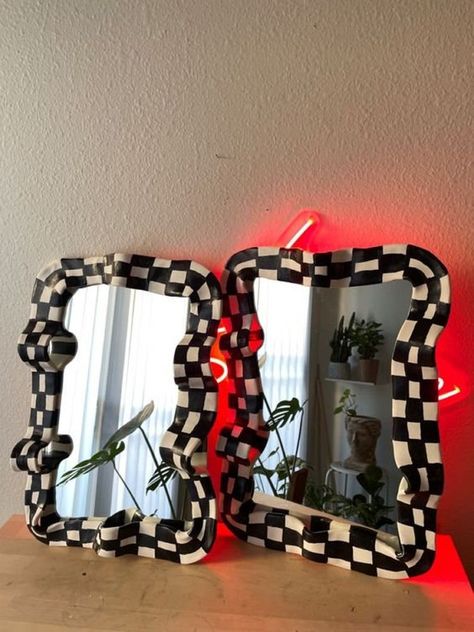 Checkered Mirror, Painted Mirror Art, Mirror Interior Design, Retro Mirror, Unique Mirrors, Redecorate Bedroom, Hand Molding, Gift Inspiration, House Inside